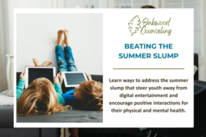Kids watching screens; cover photo for blog on summer slump and screentime