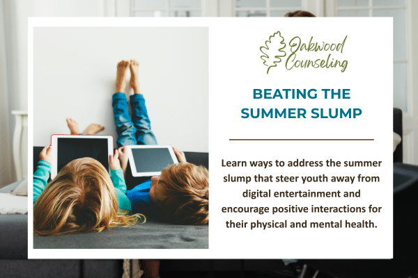 Kids watching screens; cover photo for blog on summer slump and screentime