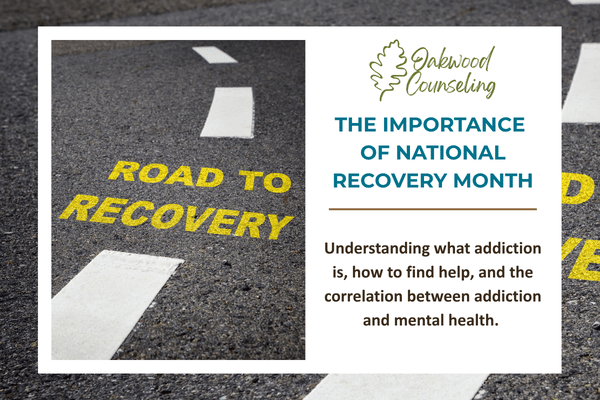 Image of pavement with painted yellow words saying Road to Recovery, with text introducing blog for National Recovery Month