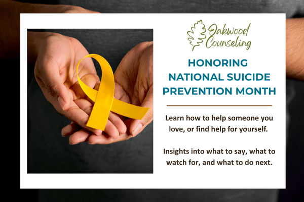 Hands holding yellow ribbon for National Suicide Prevention Month, with text describing blog about finding help