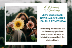 Two women holding flowers outside, with text introducing a blog celebrating National Women's Health & Fitness Day