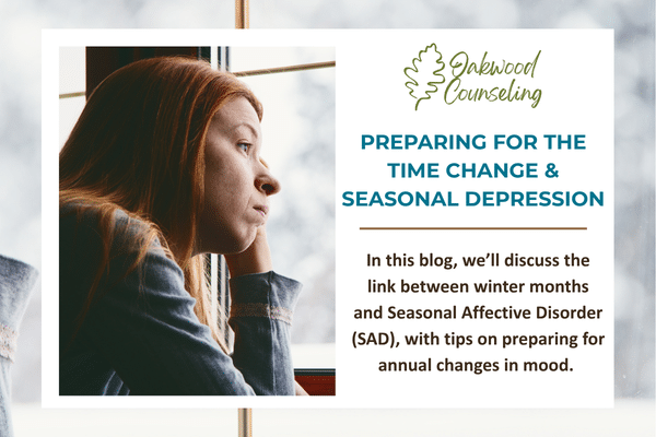 Blog cover post describing seasonal depression, with sad woman looking out the window at a dreary winter day